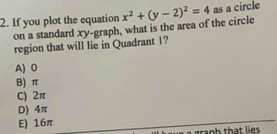 If you plot the equation x^2+(y-2)^2=4 as a circle
on a standard xy -graph, what is the area of the circle
region that will lie in Quadrant 1?
A) 0
B) π
C) 2π
D) 4π
E) 16π
a graph that lies