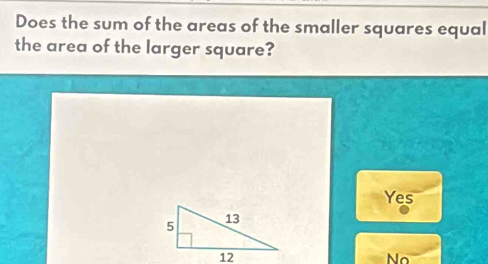 Does the sum of the areas of the smaller squares equal
the area of the larger square?
Yes
No