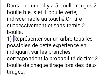 Dans une urne,il y a 5 boulle rouges, 2
boulle bleus et 1 boulle verte, 
indiscernable au touché.On tire 
successivement et sans remis 2
boulle. 
1) Représenter sur un arbre tous les 
possibles de cette expérience en 
indiquant sur les branches 
correspondant la probabilité de tirer 2
boulle de chaque tirage lors des deux 
tirages.