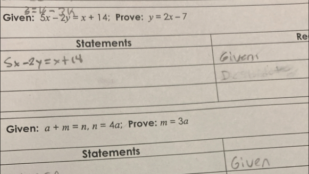 Given: 5x-2y=x+14; Prove: y=2x-7
e 
Given: a+m=n, n=4a; Prove: m=3a
Statements