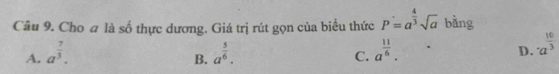 Cho a là số thực dương. Giá trị rút gọn của biểu thức P=a^(frac 4)3sqrt(a) bàng
A. a^(frac 7)3. a^(frac 5)6. a^(frac 11)6. 
B.
C.
D. a^(frac 10)3