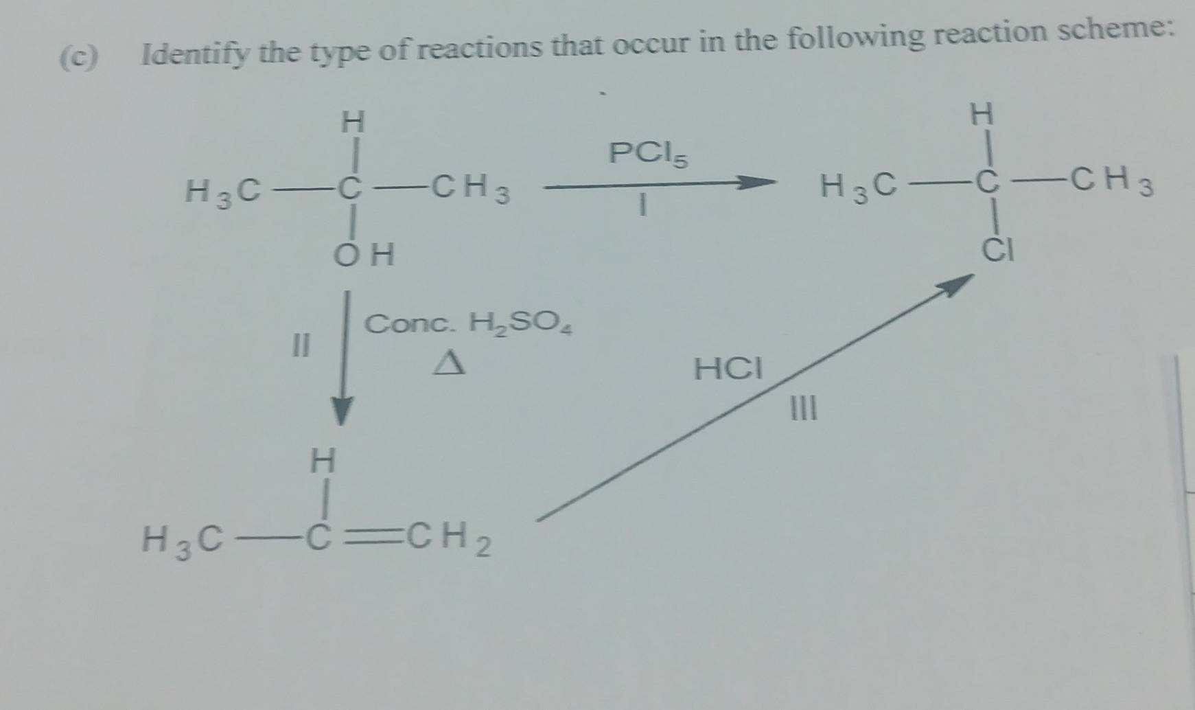 Identify the type of reactions that occur in the following reaction scheme:
H_3C-C_6^(H-CH_3)frac PCl_31 to H_3C-CH_3^((circ) Hdownarrow _)^Con.H_2SO_4
HCl
III
H
H_3C-C=CH_2