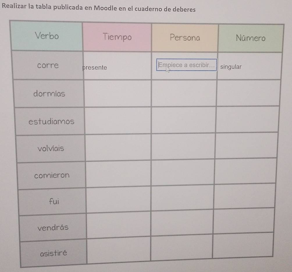 Realizar la tabla publicada en Moodle en el cuaderno de deberes