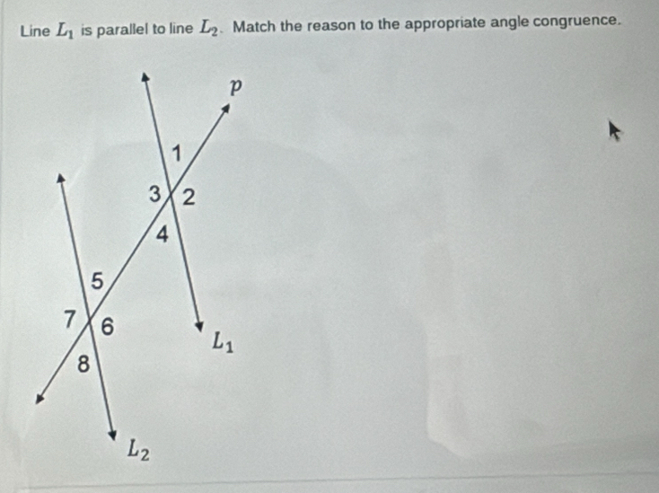 Line L_1 is parallel to line L_2. Match the reason to the appropriate angle congruence.