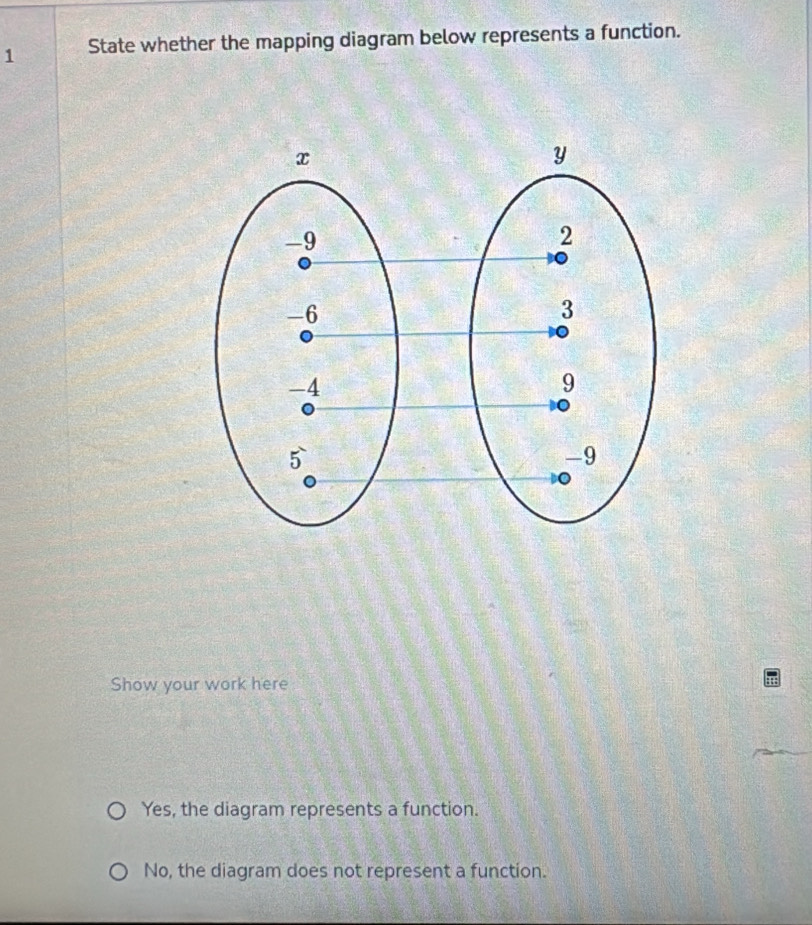 State whether the mapping diagram below represents a function.
Show your work here
Yes, the diagram represents a function.
No, the diagram does not represent a function.