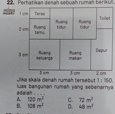 Perhatikan denah sebuah rumah berikut.
HOT
Jika skala denah rumah tersebut 1:150, 
luas bangunan rumah yang sebenarnya
adalah . . . .
A. 120m^2 C. 72m^2
B. 108m^2 D. 48m^2