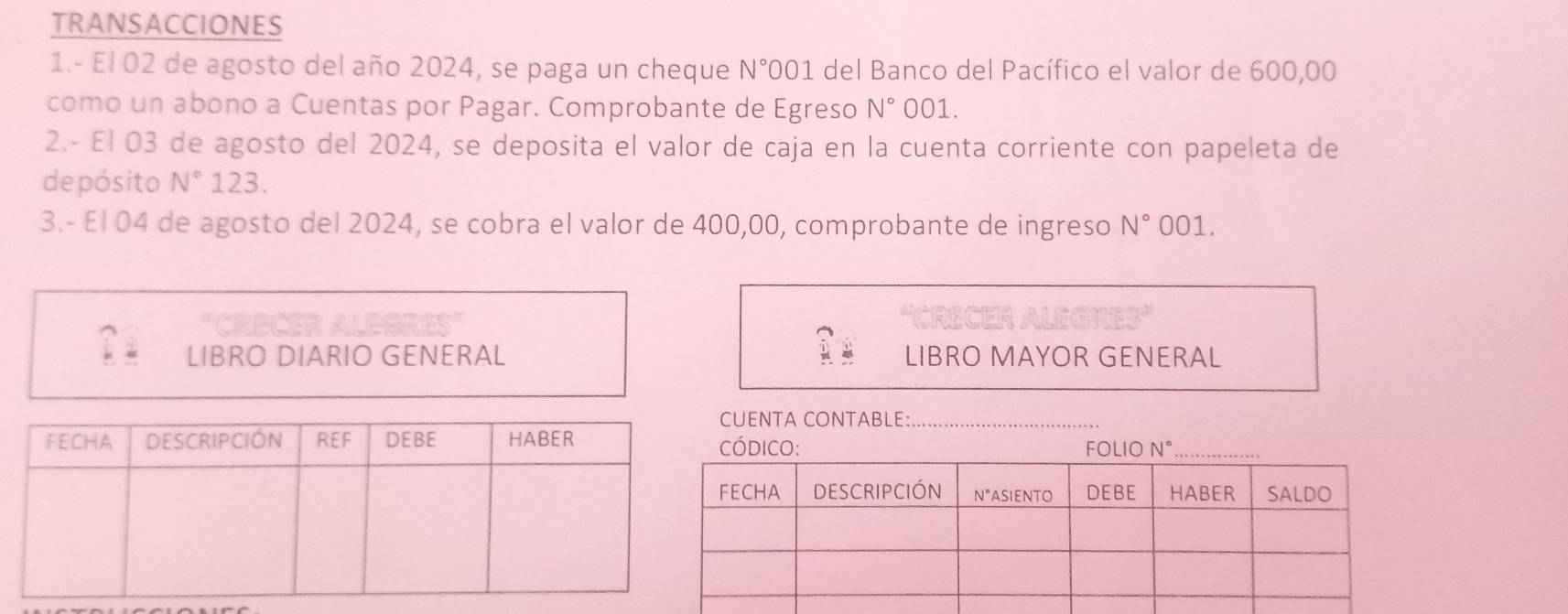 TRANSACCIONES
1.- El 02 de agosto del año 2024, se paga un cheque N° 2001 del Banco del Pacífico el valor de 600,00
como un abono a Cuentas por Pagar. Comprobante de Egreso N° 001.
2.- El 03 de agosto del 2024, se deposita el valor de caja en la cuenta corriente con papeleta de
de pósito N° 123.
3.- El 04 de agosto del 2024, se cobra el valor de 400,00, comprobante de ingreso N° 001.
LIBRO DIARIO GENERAL LIBRO MAYOR GENERAL
ENTA CONTABLE:_