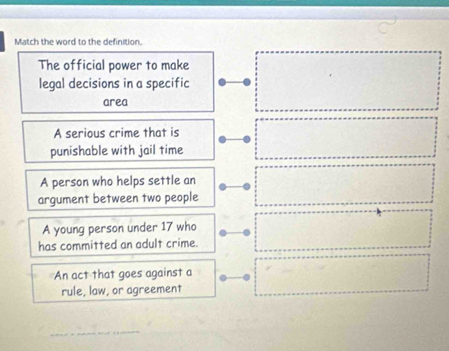 Match the word to the definition,
The official power to make
legal decisions in a specific
area
A serious crime that is
punishable with jail time
A person who helps settle an
argument between two people
A young person under 17 who
has committed an adult crime.
An act that goes against a
rule, law, or agreement