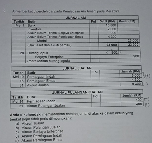 Jurnal berikut diperoleh daripada Perniagaan Ain Amani pada Mei 2022.
Anda dikehendaki memindahkan catatan jurnal di atas ke dalam akaun yang
berikut (lejar tidak perlu diimbangkan):
a) Akaun Jualan
b) Akaun Pulangan Jualan
c) Akaun Berjaya Enterprise
d) Akaun Pemiagaan Indah
e) Akaun Perniagaan Emas