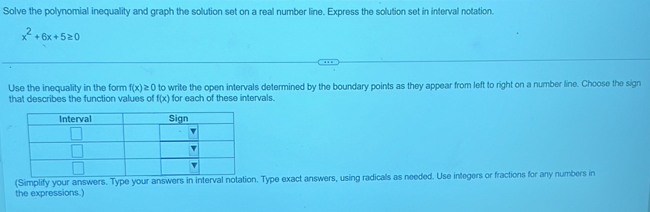 Solve the polynomial inequality and graph the solution set on a real number line. Express the solution set in interval notation.
x^2+6x+5≥ 0
Use the inequality in the form f(x)≥ 0 to write the open intervals determined by the boundary points as they appear from left to right on a number line. Choose the sign 
that describes the function values of f(x) for each of these intervals. 
(Simplify your answers. Type your answers in interval notation. Type exact answers, using radicals as needed. Use integers or fractions for any numbers in 
the expressions.)