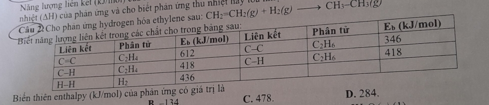 Năng lượng liên kết (kJ/10i)
) của phản ứng và cho biết phản ứng thu nhiệt hay lới
CH_2=CH_2(g)+H_2(g)to CH_3-CH_3(g)

Biển thiên enthalpy (kJ/mol) của phản ứng D. 284.
B -134 C. 478.