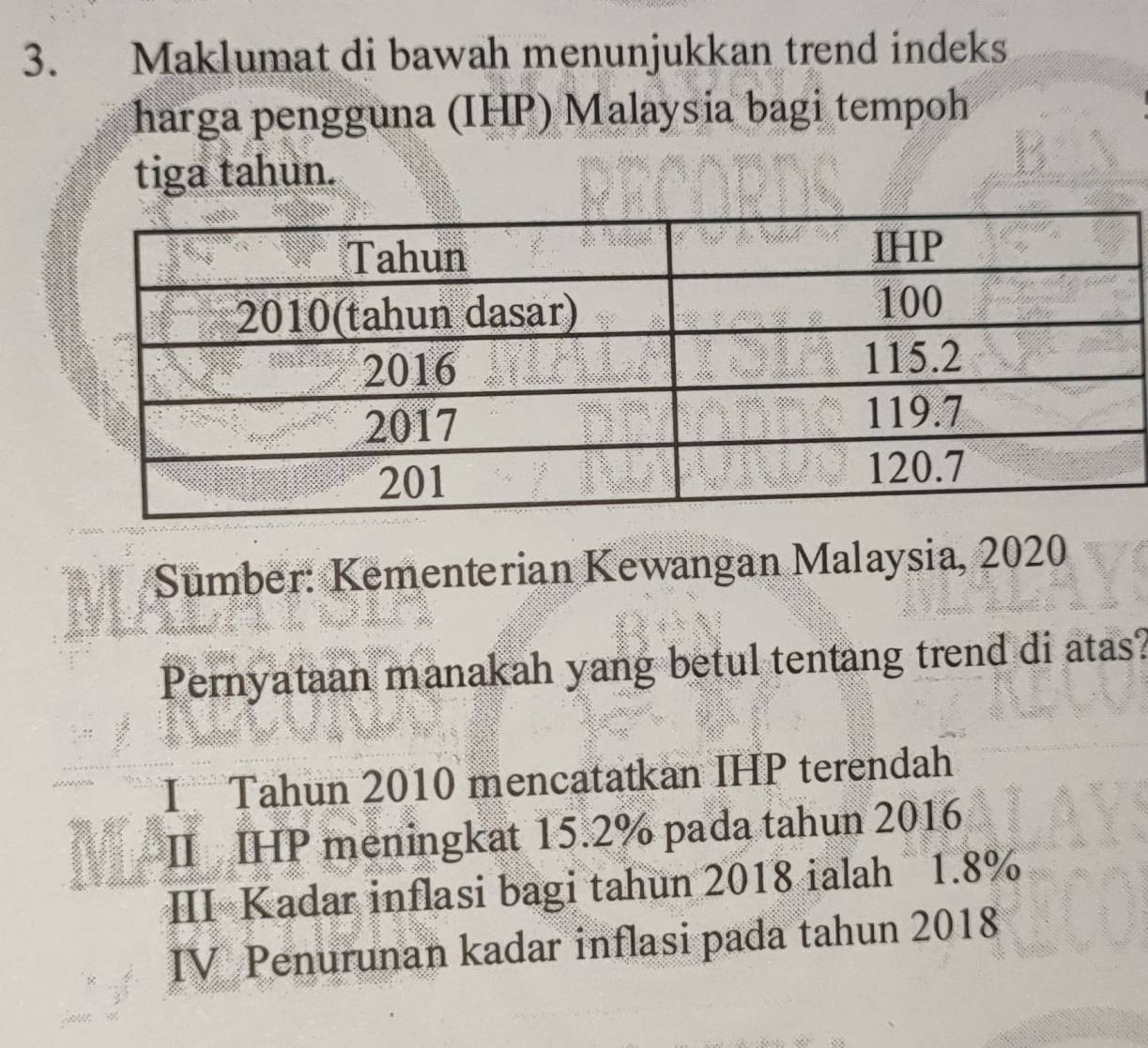 Maklumat di bawah menunjukkan trend indeks
harga pengguna (IHP) Malaysia bagi tempoh
tiga tahun.
Sumber: Kementerian Kewangan Malaysia, 2020
Pernyataan manakah yang betul tentang trend di atas?
I Tahun 2010 mencatatkan IHP terendah
I IHP meningkat 15.2% pada tahun 2016
III Kadar inflasi bagi tahun 2018 ialah 1.8%
IV Penurunan kadar inflasi pada tahun 2018