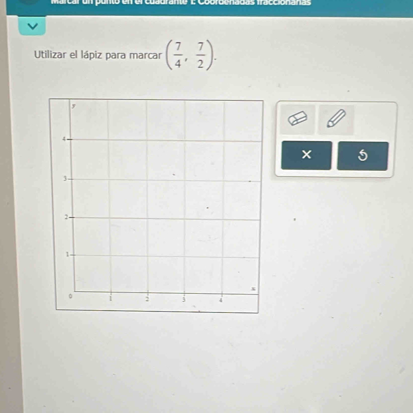 marcar un punto el el cuadrante 1: Coordenadas fraccionanas 
Utilizar el lápiz para marcar ( 7/4 , 7/2 ). 
5