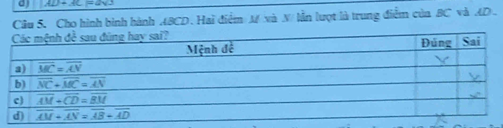 overline IR AD+AC=asqrt(3)
Câu 5. Cho hình bình hành ABCD. Hai điểm M xà N lẫn lượt là trung điểm của BC vàAD .