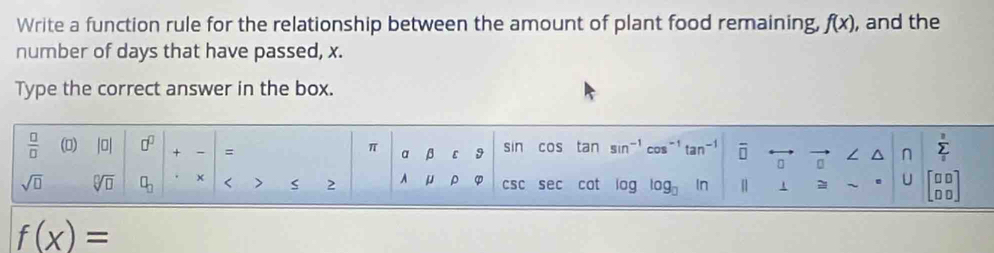 Write a function rule for the relationship between the amount of plant food remaining, f(x) , and the 
number of days that have passed, x. 
Type the correct answer in the box.
 □ /□   (0) |□ | □^(□) + = a β ε 9 sin cos tan sin^(-1) cos^(-1)tan^(-1) overline □ 
π
n sumlimits _0
U
sqrt(□ ) sqrt[□](□ ) □ _□  x < > S 2 A μ ρ CSC sec cat log log _□  In [] 1 beginbmatrix □ □  □ □ endbmatrix
f(x)=