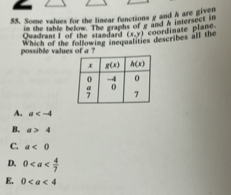 SS. Some values for the linear functions g and h are given
in the table below. The graphs of g and h intersect in
Quadrant I of the standard (x,y) coordinate plane.
Which of the following inequalities describes all the
possible values of a ?
A. a
B. a>4
C. a<0</tex>
D. 0
E. 0