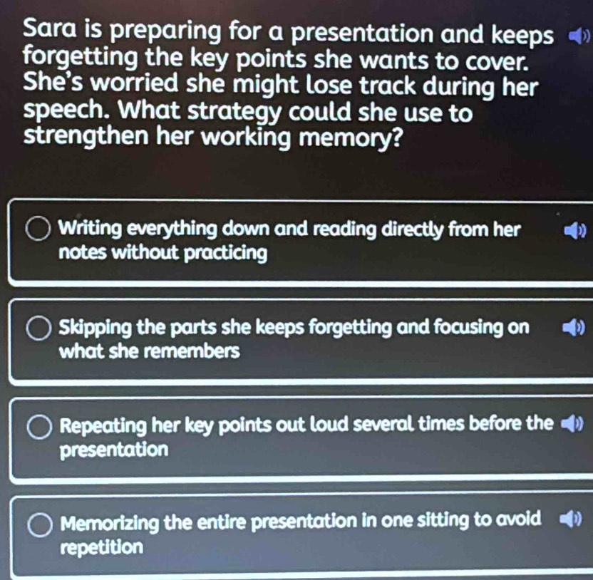 Solved: Sara is preparing for a presentation and keeps forgetting the ...