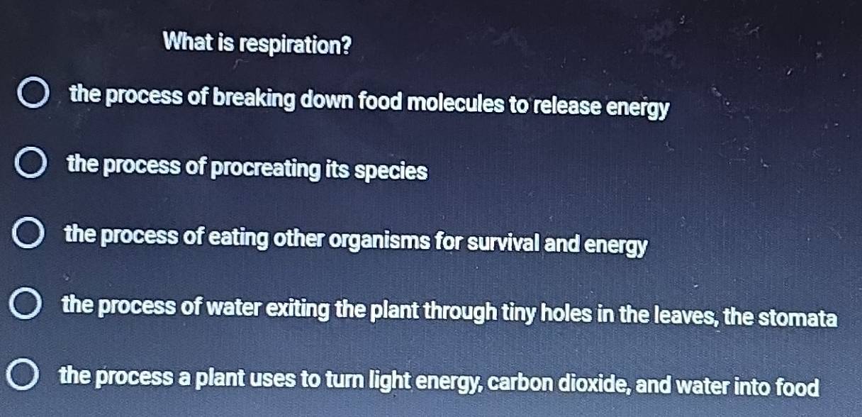 What is respiration?
the process of breaking down food molecules to release energy
the process of procreating its species
the process of eating other organisms for survival and energy
the process of water exiting the plant through tiny holes in the leaves, the stomata
the process a plant uses to turn light energy, carbon dioxide, and water into food