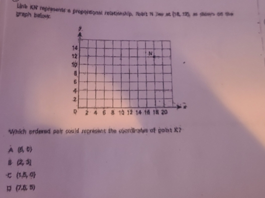 Line KN represents a proportional relationship. Polst 7 jew at (18,12) as ghonys dit the 
graph below.
Which ordered pair could represent the coordinates of point R?
A (6,0)
B. (2,5endpmatrix
C (1.5,0)
(7.6,5)