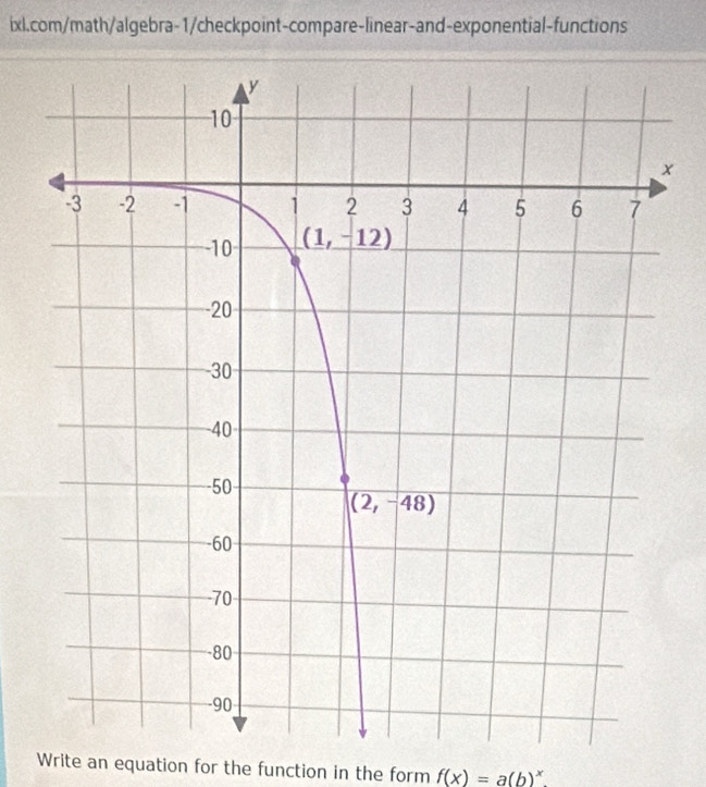 Write an equation for the function in the form f(x)=a(b)^x