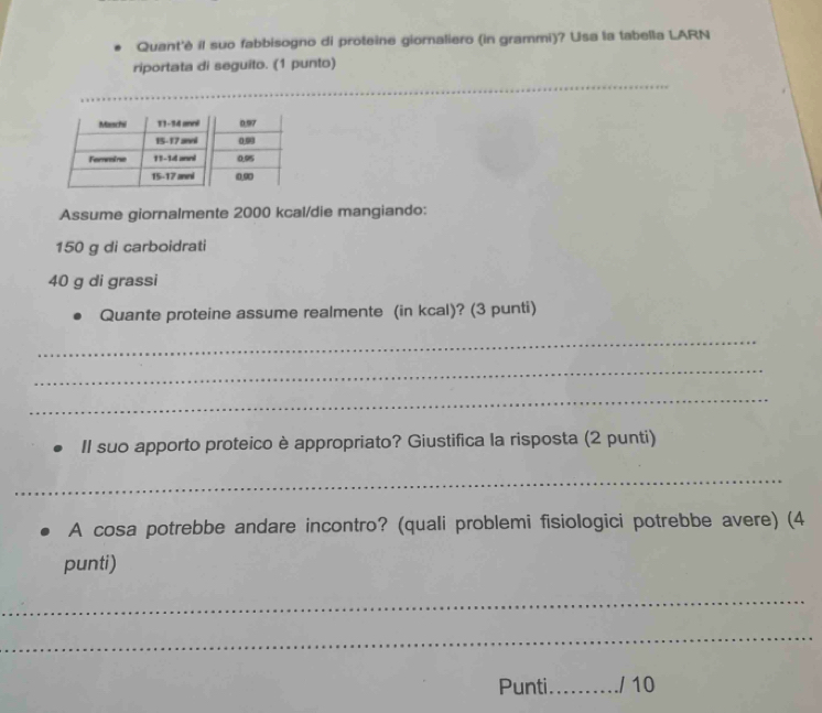 Quant'è il suo fabbisogno di proteine giornaliero (in grammi)? Usa la tabella LARN 
riportata di seguito. (1 punto) 
_ 
Assume giornalmente 2000 kcal/die mangiando:
150 g di carboidrati
40 g di grassi 
Quante proteine assume realmente (in kcal)? (3 punti) 
_ 
_ 
_ 
II suo apporto proteico è appropriato? Giustifica la risposta (2 punti) 
_ 
A cosa potrebbe andare incontro? (quali problemi fisiologici potrebbe avere) (4 
punti) 
_ 
_ 
Punti_ / 10