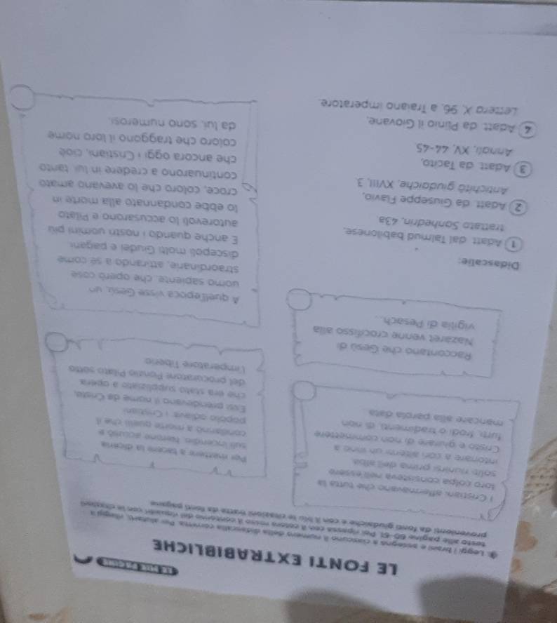 LE FONTI EXTRABIBLICHE
. Leggi i braisi e assegns a clascuno l numero della didescalla correms. Per alutart, rilegió a
testo alle pagine 60-61. Pe ripassa con il colora rosso il contóro del viquatr uon la elessan
provenienti da fonti giudsiche é con il blu le cissaioni tatte da fonti psgane
) Cristian affermavano che tútta la
loro colpa consisteva nell'essere Por mettere a baceni la diceria
solit riunirsi prima del alba suli incendio. herone accusó e
intonare a con altér un ine a condanno a morte quelll the il
furt, frodi o tradiment), di non
Cristo e giurare di non commettère  popólo odlave | Crstiani
mancare alla parola data Essí prendevano il nume de Crista
che era stato suppliziato a opéra
del procuratone Ponzio Pilato sótto
limperatore Tiberio
Raccontano che Gesú di
Nazaret venne crocifisso alla
vigilia di Pesach.
A quellepoca vísse Gesú, un
uomo sapiente, che operó cose
straordinarie, attirando a sé come
Didascalie: discepoli molti Giudei e pagani
E anche quando i nostri yomini piú
1 ] Adatt dal Talmud babilonese, autorevoli lo accusarono e Pilato
trattato Sonhedrin, 43a. lo ebbe condannato alla morte in
2  Adatt da Giuseppe Flavio, croce, coloro che lo avevano amato
Antichitä giudaiche, XVIII, 3. continuarono a credere in lui tanto
3 Adatt. da Tacito, che ancora oggi i Cristiani, cioé
Anniali, XV, 44-45 coloro che traggono il loro nome 
4  Adatt da Plinio il Giovane,
da lui, sono numerosi.
Letterd X, 96, a Traiano imperatore.