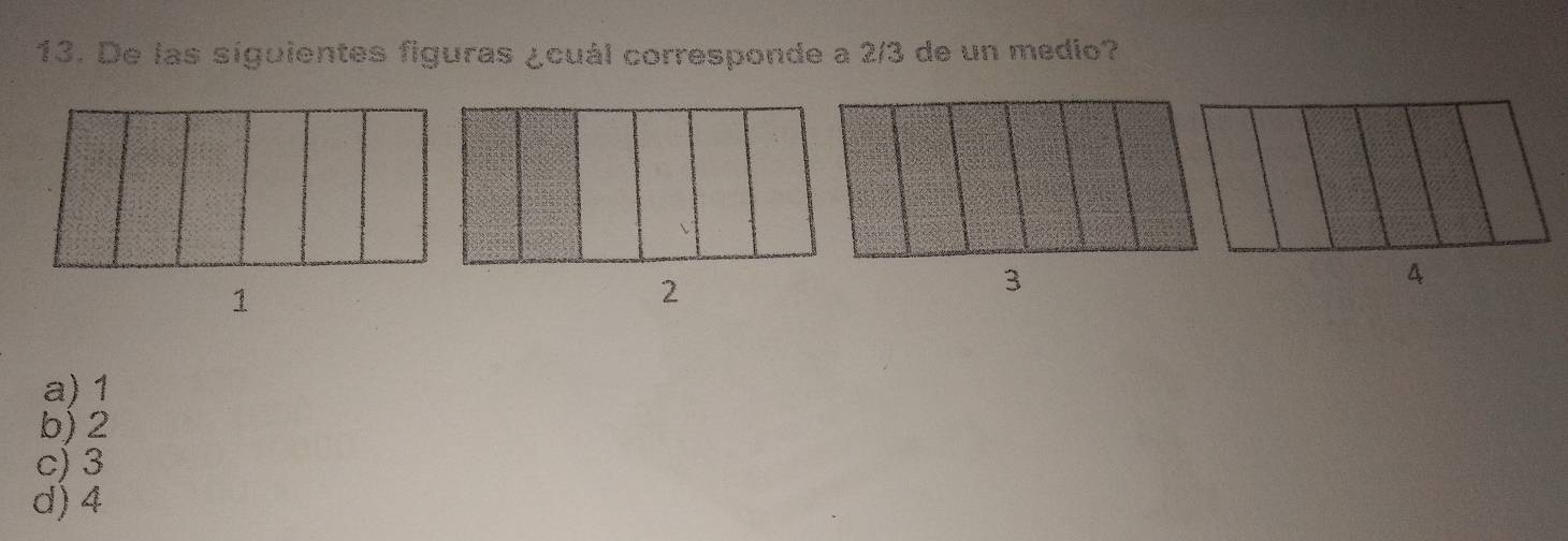 De las siguientes figuras ¿cuál corresponde a 2/3 de un medio?
a) 1
b) 2
c) 3
d) 4