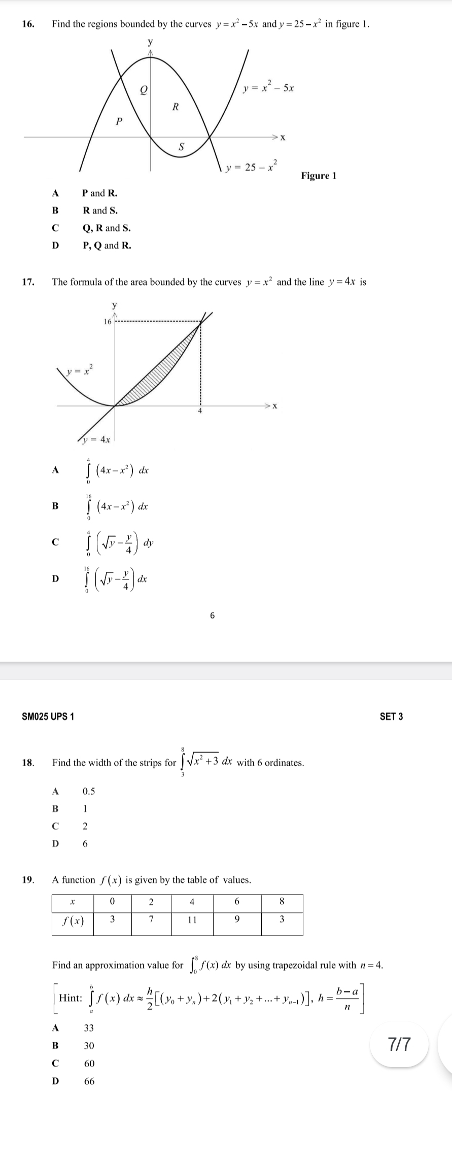 Find the regions bounded by the curves y=x^2-5x and y=25-x^2 in figure 1.
ure 1
A P and R.
B R and S.
C Q, R and S.
D P, Q and R.
17. The formula of the area bounded by the curves y=x^2 and the line y=4xis
A ∈tlimits _0^(4(4x-x^2))dx
B ∈tlimits _0^((16)(4x-x^2))dx
C ∈tlimits _0^(4(sqrt(y)-frac y)4)dy
D ∈tlimits _0^((16)(sqrt(y)-frac y)4)dx
SM025 UPS 1 SET 3
18. Find the width of the strips for ∈tlimits _3^(8sqrt(x^2)+3)dx with 6 ordinates.
A 0.5
B 1
C 2
D₹ 6
19. A function f(x) is given by the table of values.
Find an approximation value for ∈t _0^(8f(x)dx by using trapezoidal rule with n=4.
[Hint:∈tlimits _a^hf(x)dxapprox frac h)2[(y_0+y_n)+2(y_1+y_2+...+y_n-1)],h= (b-a)/n ]
A 33
B 30 7/7
C 60
D 66