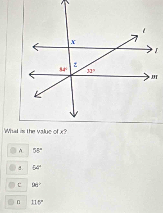 A. 58°
B. 64°
C 96°
D 116°