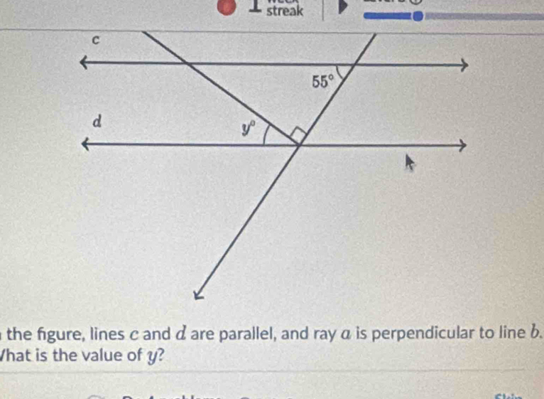 streak
the figure, lines c and α are parallel, and ray α is perpendicular to line b.
What is the value of y?