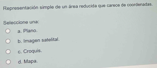 Representación simple de un área reducida que carece de coordenadas.
Seleccione una:
a. Plano.
b. Imagen satelital.
c. Croquis.
d. Mapa.