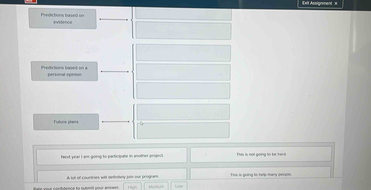 Exit Assignment x
Predictions based on
evidence
Predictions based on a
personal opinion
Future plans
Next year I am going to participate in another project. This is not going to be hard.
A lot of countries will definitely join our program. This is going to help many people.
Rate your confidence to submit your answer. High Medium Low