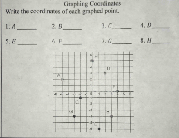 Graphing Coordinates 
Write the coordinates of each graphed point. 
1. A_ 2. B_ 3. C _ 4. D _ 
5. E _ 6. F_ 7.G_ 8. H _