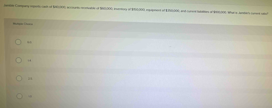 Jamble Company reports cash of $40,000, accounts receivable of $60,000, inventory of $150,000, equipment of $350,000, and current liabilities of $100,000. What is Jamble's current ratio?
Multiple Choice
6.0
14
2.5.
10