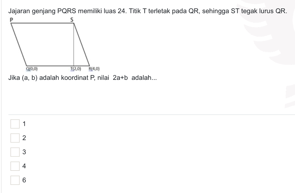 Jajaran genjang PQRS memiliki luas 24. Titik T terletak pada QR, sehingga ST tegak lurus QR.
Jika (a,b) adalah koordinat P, nilai 2a+b adalah...
1
2
3
4
6