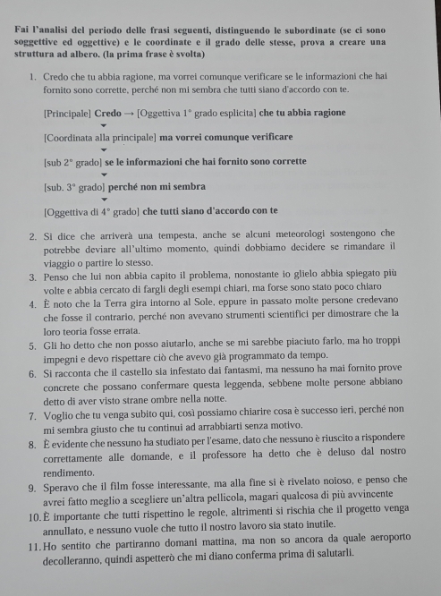 Fai l’analisi del periodo delle frasi seguenti, distinguendo le subordinate (se ci sono
soggettive ed oggettive) e le coordinate e il grado delle stesse, prova a creare una
struttura ad albero. (la prima frase è svolta)
1. Credo che tu abbia ragione, ma vorrei comunque verificare se le informazioni che hai
fornito sono corrette, perché non mi sembra che tutti siano d'accordo con te.
[Principale] Credo → [Oggettiva 1° grado esplicita] che tu abbia ragione
[Coordinata alla principale] ma vorrei comunque verificare
[sub 2° grado] se le informazioni che hai fornito sono corrette
[sub. 3° grado] perché non mi sembra
[Oggettiva di 4° grado] che tutti siano d'accordo con te
2. Si dice che arriverà una tempesta, anche se alcuni meteorologi sostengono che
potrebbe deviare all'ultimo momento, quindi dobbiamo decidere se rimandare il
viaggio o partire lo stesso.
3. Penso che lui non abbia capito il problema, nonostante io glielo abbia spiegato più
volte e abbia cercato di fargli degli esempi chiari, ma forse sono stato poco chiaro
4. È noto che la Terra gira intorno al Sole, eppure in passato molte persone credevano
che fosse il contrario, perché non avevano strumenti scientifici per dimostrare che la
loro teoria fosse errata.
5. Gli ho detto che non posso aiutarlo, anche se mi sarebbe piaciuto farlo, ma ho troppi
impegni e devo rispettare ciò che avevo già programmato da tempo.
6. Si racconta che il castello sia infestato dai fantasmi, ma nessuno ha mai fornito prove
concrete che possano confermare questa leggenda, sebbene molte persone abbiano
detto di aver visto strane ombre nella notte.
7. Voglio che tu venga subito qui, così possiamo chiarire cosa è successo ieri, perché non
mi sembra giusto che tu continui ad arrabbiarti senza motivo.
8. É evidente che nessuno ha studiato per l'esame, dato che nessuno è riuscito a rispondere
correttamente alle domande, e il professore ha detto che è deluso dal nostro
rendimento.
9. Speravo che il film fosse interessante, ma alla fine si è rivelato noioso, e penso che
avrei fatto meglio a scegliere un’altra pellicola, magari qualcosa di più avvincente
10.É importante che tutti rispettino le regole, altrimenti si rischia che il progetto venga
annullato, e nessuno vuole che tutto il nostro lavoro sia stato inutile.
11.Ho sentito che partiranno domani mattina, ma non so ancora da quale aeroporto
decolleranno, quindi aspetterò che mi diano conferma prima di salutarli.