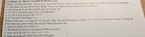 II phân II: trác nghiệm đùng sai
Cầu 1: Ở một loài thực vật, gene A quy định hoa đó, allele a quy định hoa trắng. Cho cây hoa đỏ (P) tự thụ phần,
FI thu được cá hoa đỏ và hoa trắng. Trong các phát biểu sau, phát biểu nào đóng?
a. Cây hoa đó P có thể có kiểu gen AA hoặc Aa.
b. F1 có 2 loại kiều gen và 2 loại kiều hành
đ. F1 có tỉ lệ kiểu hình 1: 1 c. F1 có tí lệ kiểu gen là 1:2:1
Cầu 2: Một gen có tổng số 150 chu ki xoân, Số nucletotit loại A chiếm 30% tổng số nucleotit của gen. Trong các
phát biểu sau, phát biểu nào đúng? Phát biểu nào sai?
a. Gen có chiều dài 4080 A '.
b. Số nucleotit loại G của gen là 900 nucleotit.
c. Gen có tỉ 10(A+T)/(G+C)=2/3
d. Gen có tổng số 3600 liên kết hidrogen.