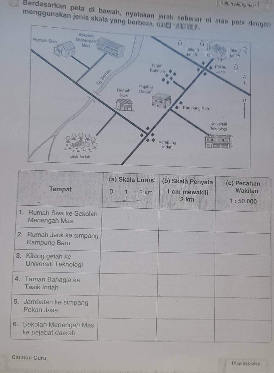Belum Menguasal
Berdasarkan peta di bawah, nyatakan jarak sebenar di alas peta dengan
menggunakan jenis skala yan
Catatan Guru
Disemak oleh: