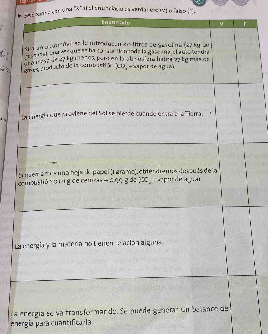 Expl
Selecciona con una “X” si el enunciado es verdadero (V) o falso (F).
L
energía para cuantificarla.