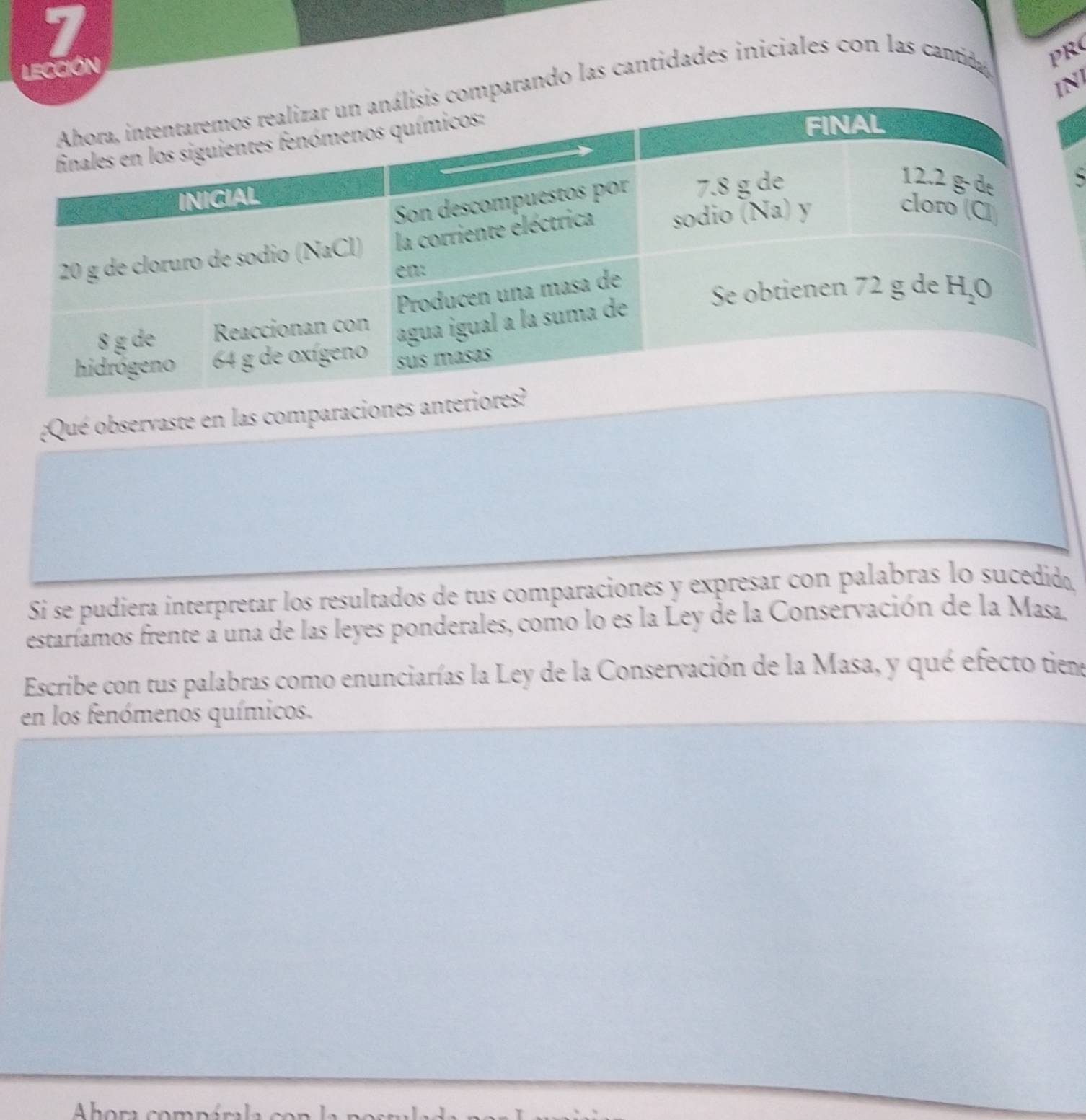 LECCIÓN
IN
mparando las cantidades iniciales con las cantid PRC
¿Qué observaste en las comparaciones
Si se pudiera interpretar los resultados de tus comparaciones y expresar con palabras lo sucedida
estaríamos frente a una de las leyes ponderales, como lo es la Ley de la Conservación de la Masa.
Escribe con tus palabras como enunciarías la Ley de la Conservación de la Masa, y qué efecto tien
en los fenómenos químicos.