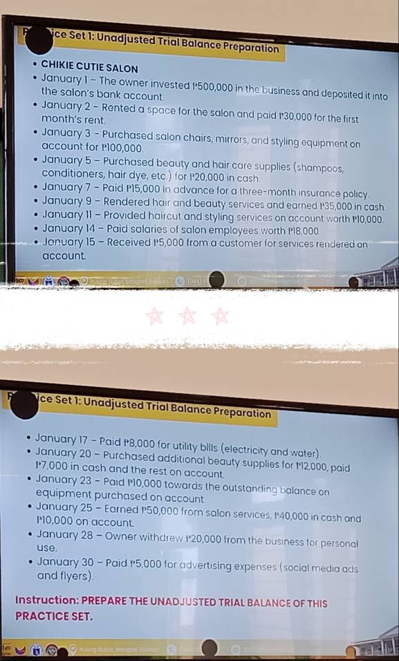 vce Set 1: Unadjusted Trial Balance Preparation 
CHIKIE CUTIE SALON 
January 1 - The owner invested I'500,000 in the business and deposited it into 
the salon's bank account. 
January 2 - Rented a space for the salon and paid t'30,000 for the first 
month's rent. 
January 3 - Purchased salon chairs, mirrors, and styling equipment on 
account for P100,000
January 5 - Purchased beauty and hair care supplies (shampoos, 
conditioners, hair dye, etc.) for I'20,000 in cash 
January 7 - Paid P15,000 in advance for a three-month insurance policy 
January 9 - Rendered hair and beauty services and earned 135,000 in cash 
January 11 - Provided haircut and styling services on account worth P10,000. 
January 14 - Paid salaries of salon employees worth I* 18,000
January 15 - Received I5,000 from a customer for services rendered on 
account 
ce Set 1: Unadjusted Trial Balance Preparation 
January 17 - Paid I* 8,000 for utility bills (electricity and water). 
January 20 - Purchased additional beauty supplies for 112,000, paid 
I* 7,000 in cash and the rest on account. 
January 23 - Paid P10,000 towards the outstanding balance on 
equipment purchased on account 
January 25 - Earned P50,000 from salon services, P40,000 in cash and
l10,000 on account. 
January 28 - Owner withdrew 1*20,000 from the business for personal 
use. 
January 30 - Paid 1'5,000 for advertising expenses (social media ads 
and flyers). 
Instruction: PREPARE THE UNADJUSTED TRIAL BALANCE OF THIS 
PRACTICE SET. 
Pương Qưốnc to