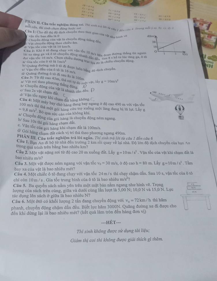 x:a=a
6c=b+6 L=5* V
19=t* 6 HF=u=u 13-a* c
M-9=0 91=2* 8 95-6=x P(1)=6213
10y^2-9x=0 6k=2* 6 DP=B+D
PHẢN II. Cầu trắc nghiệm đúng sai. Thí sinh trà lới tử câu 1 địn cứa 4. Trong mộ
mỗi cầu, thỉ sinh chọn đứng hoặc sai y(a),b),c),dy,o
Cầu 1: Cho đồ thị độ dịch chuyển theo thời gian của vật như hình overline VC
/ vận tốc ban đầu là 0
V Chuyến động của vật là chuyển động thắng đều
/ Vật chuyển động theo chiều âm
d/ Vận tốc của vật là 10 km/h 
Cầu 2: Khi ô tổ đang chạy với vận tốc 10 m/s trên đoạn đường thắng thi ngư
lái xe tăng ga và ô tổ chuyên động nhanh dân ở điền động s kẻ từ lúc tăng ga, ô
đạt vận tốc 16 m/s. Chọn chiều dương trục tọa độ là chiều chuyển động.
a/ Gia tốc của ô tô là 1n sqrt(s^2)

b/ Quang đường mã ô tô đi được luôn bằng độ dịch chuyển.
c/ Vận tốc đầu của ō tổ là 16 m/s
d/ Quảng đường ô tô đi sau 8s là 100m.
Cầu 3: Từ độ cao 45m, thả rơi tự do một vật, lấy g=10m/s^2
V/ Vật roi theo phương thẳng đứng.
b/ Chuyển động của vật là nhanh dần đều. 
c/ Sau 2s vật chạm đất.
d/ Vận tốc ngay khi chạm đắt bằng không.C
Câu 4: Một máy bay chở hàng đang bay ngang ở độ cao 490 m với vân tổc
100 m/s thì thả một gỏi hàng cứu trợ xuống một làng đang bị lũ lụt. Lẫy g
=9,8m/s^2. Bỏ qua sức cản của không khí.
a/ Chuyển động của gói hàng là chuyễn động ném ngang.
b/ Sau 10s thì gói hàng chạm đất.
c. Vận tốc của gói hàng khi chạm đất là 100m/s.
d/ Gói hàng cham đất cách vị trí thả theo phương ngang 490m.
PHAN III. Câu trắc nghiệm trả lời ngắn. Thị sinh trả lời từ câu 1 đến câu 6
Câu 1. Bạn An đi bộ từ nhà đến trường 2 km rồi quay về lại nhà. Độ lớn độ dịch chuyển của bạn An
trong quá trình trên bằng bao nhiêu km?
Câu 2, Một vật nặng rơi từ độ cao 20 m xuống đất. Lấy g=10m/s^2. Vận tốc của vật khi chạm đất là
bao nhiêu m/s?
Câu 3. Một vật được ném ngang với vận tốc v_0=30m/s, :, ở độ cao h=80m. Lấy g=10m/s^2. Tầm
bay xa của vật là bao nhiêu mét?
Câu 4. Một chiếc ô tô đang chạy với vận tốc 24m/s thì chạy chậm dần. Sau 10 s, vận tốc của ô tô
chi còn 10 m/ s . Gia tốc trung bình của ô tô là bao nhiêu m/s^2
Câu 5. Ba quyền sách nằm yên trên một mặt bản nằm ngang như hình vẽ. Trọng  N 15 N
lượng của sách trên cùng, giữa và dưới cùng lần lượt là 5,00 N; 10,0 N và 15,0 N. Lực
tác dụng lên sách ở giữa là bao nhiêu N?
Câu 6. Một ôtô có khối lượng 2 tấn đang chuyển động với v_0=72km/h thì hãm
phanh, chuyển động chậm dần đều. Biết lực hãm 3000N. Quãng đường xe đi được cho
đến khi dừng lại là bao nhiêu mét? (kết quả làm tròn đến hàng đơn vị)
===HÉT===
Thí sinh không được sử dụng tài liệu;
Giám thị coi thi không được giải thích gì thêm.