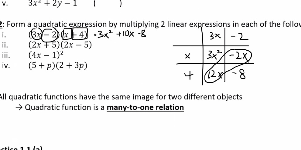 3x^2+2y-1  ) 
2: Form a quadratic expression by multiplying 2 linear expressions in each of the follov 
i. (3x-2)(x+4)
ii. (2x+5)(2x-5)
iii. (4x-1)^2
iv. (5+p)(2+3p)
All quadratic functions have the same image for two different objects 
Quadratic function is a many-to-one relation