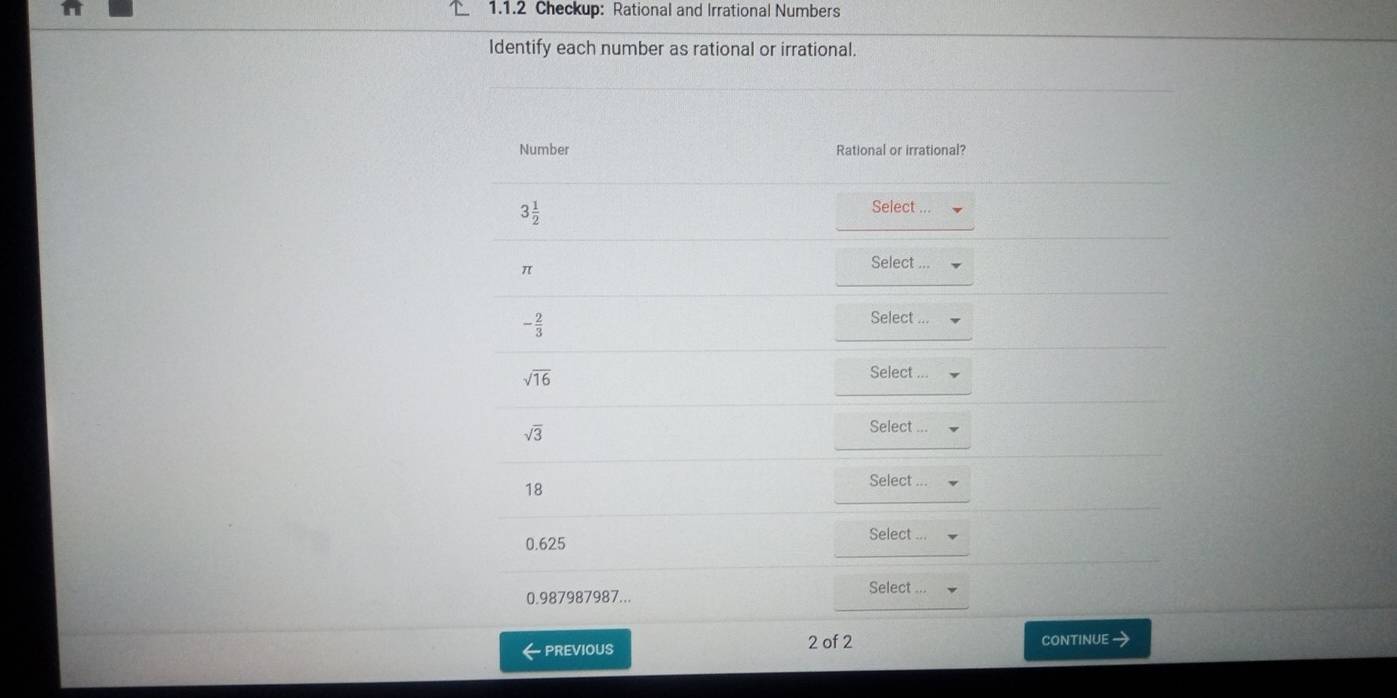 Checkup: Rational and Irrational Numbers
Identify each number as rational or irrational.
Number Rational or irrational?
3 1/2 
Select ...
π
Select
- 2/3 
Select ...
sqrt(16)
Select ..
sqrt(3)
Select ...
18
Select ...
Select ...
0.625
0.987987987... Select ..
←PREVIOUS 2 of 2 CONTINUE →