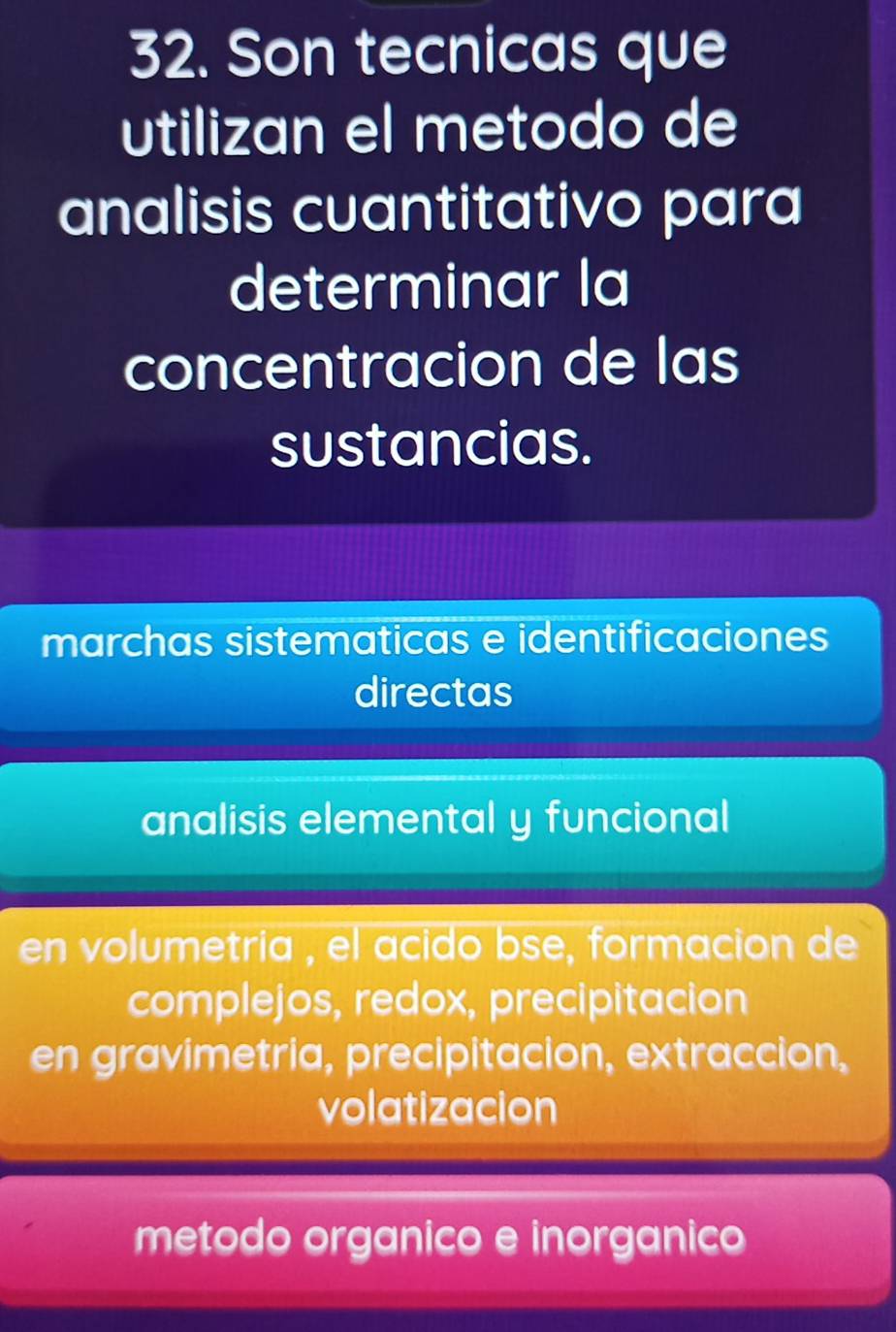 Son tecnicas que
utilizan el metodo de
analisis cuantitativo para
determinar la
concentracion de las
sustancias.
marchas sistematicas e identificaciones
directas
analisis elemental y funcional
en volumetria , el acido bse, formación de
complejos, redox, precipitacion
en gravimetria, precipitacion, extraccion,
volatizacion
metodo organico e inorganico