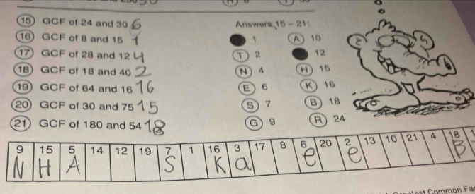 GCF of 24 and 30 Answers 15 - 21 :
16) GCF of B and 15 1 A) 10
17) GCF of 28 and 12 T 2 12
18 GCF of 18 and 40 N) 4 H 15
19 GCF of 64 and 16 E 6 K 16
20 GCF of 30 and 75 S) 7 B 18
R) 24
1
ast Common