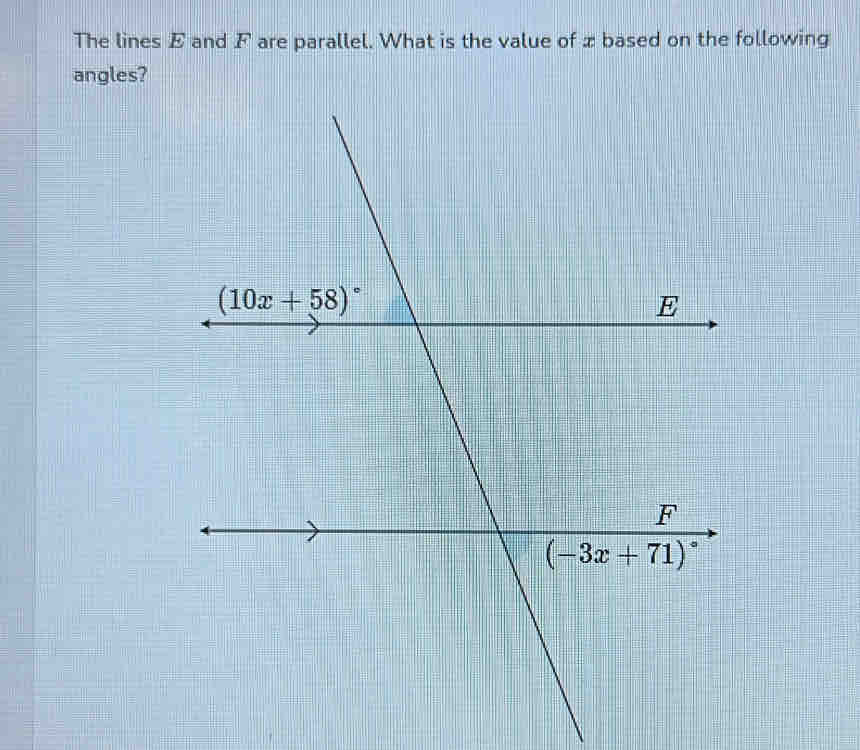 The lines E and F are parallel. What is the value of æ based on the following
angles?