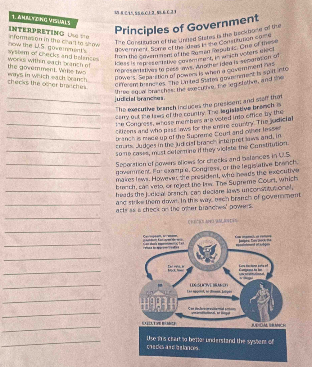 S5.6.C.1.1, SS.6.C.1.2, SS.6.C.2.1 
1. ANALYZING VISUALS 
interprEting Use the 
Principles of Government 
information in the chart to show 
The Constitution of the United States is the backbone of the 
how the U.S government's government. Some of the ideas in the Constitution come 
system of checks and balances 
from the government of the Roman Republic. One of these 
works within each branch of 
ideas is representative government, in which voters elect 
the government. Write two representatives to pass laws. Another idea is separation of 
ways in which each branch powers. Separation of powers is when a government has 
checks the other branches. 
different branches. The United States government is split into 
three equal branches: the executive, the legislative, and the 
judicial branches. 
_The executive branch includes the president and staff that 
_carry out the laws of the country. The legislative branch is 
the Congress, whose members are voted into office by the 
_citizens and who pass laws for the entire country. The judicial 
_branch is made up of the Supreme Court and other lesser 
courts. Judges in the judicial branch interpret laws and, in 
_some cases, must determine if they violate the Constitution. 
Separation of powers allows for checks and balances in U.S. 
_government. For example, Congress, or the legislative branch, 
_makes laws. However, the president, who heads the executive 
branch, can veto, or reject the law. The Supreme Court, which 
_heads the judicial branch, can declare laws unconstitutional, 
_and strike them down. In this way, each branch of government 
acts as a check on the other branches' powers. 
_ 
_ 
_ 
_ 
_ 
_ 
_ 
_ 
_ 
_