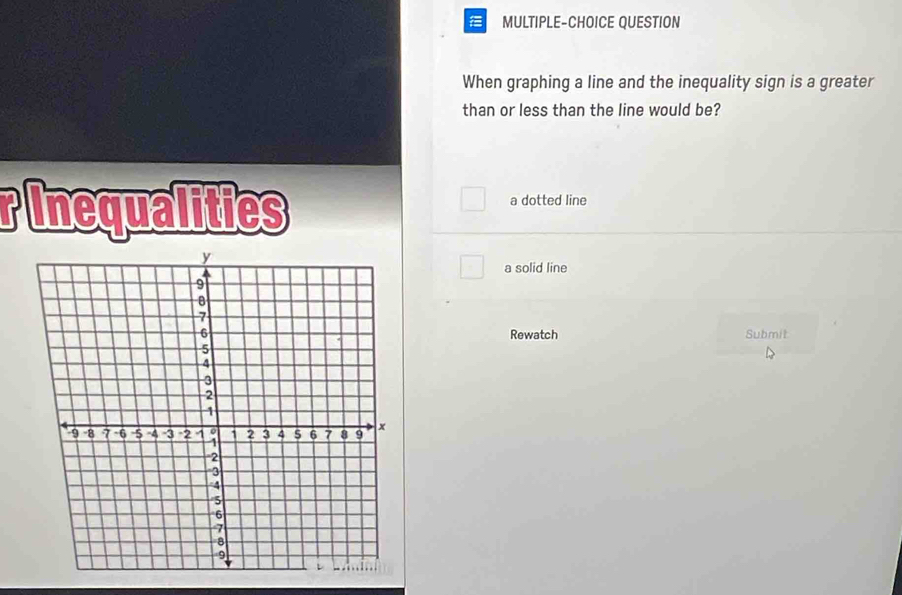 MULTIPLE-CHOICE QUESTION
When graphing a line and the inequality sign is a greater
than or less than the line would be?
rInequalities a dotted line
a solid line
Rewatch Submit