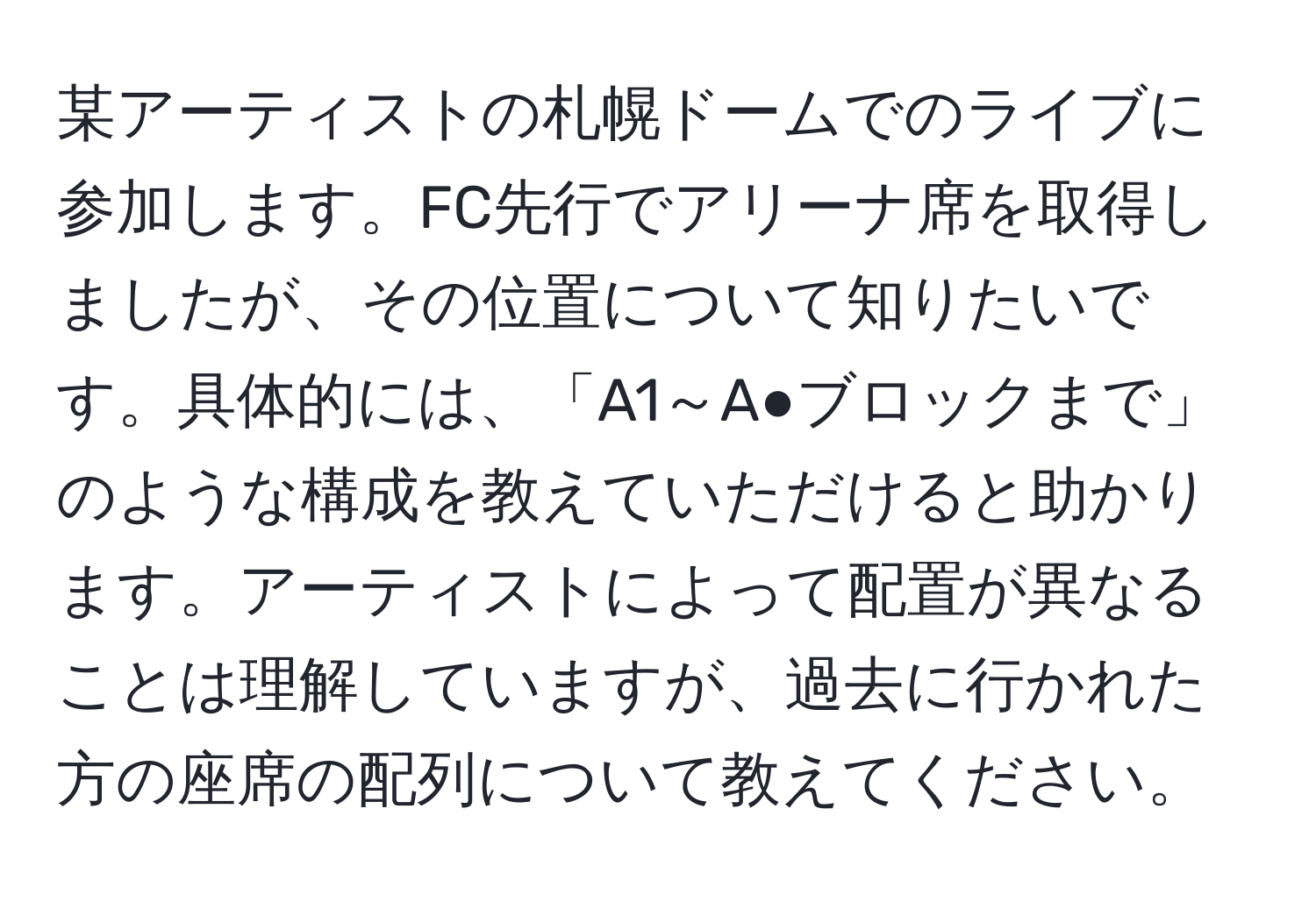 某アーティストの札幌ドームでのライブに参加します。FC先行でアリーナ席を取得しましたが、その位置について知りたいです。具体的には、「A1～A●ブロックまで」のような構成を教えていただけると助かります。アーティストによって配置が異なることは理解していますが、過去に行かれた方の座席の配列について教えてください。